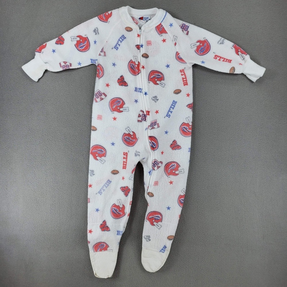FLAW* Vintage Footed Pajamas Baby 3 White NFL Buffalo Bills Fleece Zip Up USA